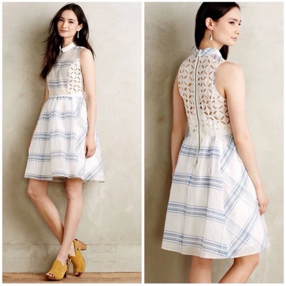 NWT Anthropologie Moulinette Soeurs Seapane Dress Blue White Plaid Eyelet sz 8
